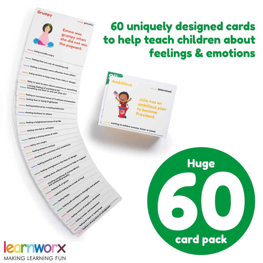 Learnworx Feelings flashcards double-sided show emotion on front and scenario on back for conversations.