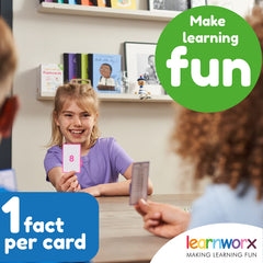 Learnworx color-coded flash cards guiding kids through times tables visually.