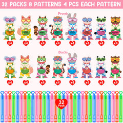 LEASEN animal-themed Valentines cards hugging bubble wands for party favors.