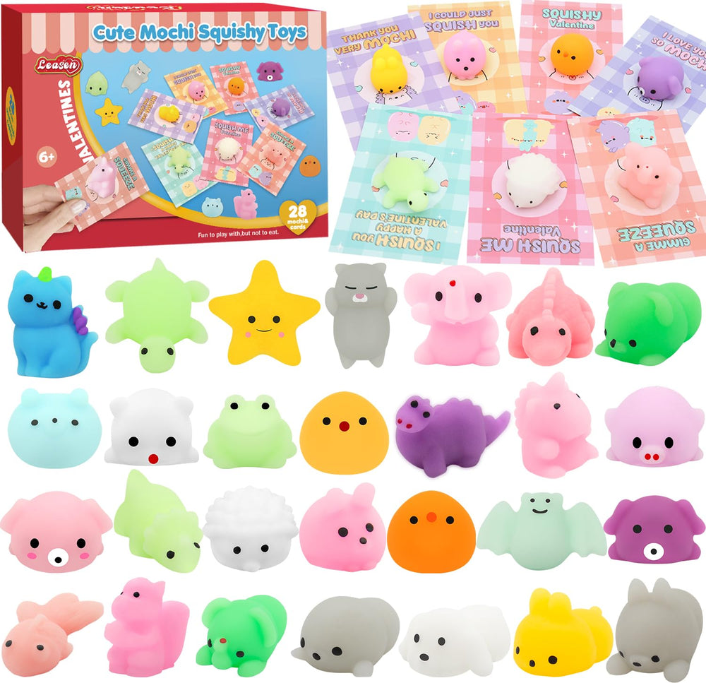 LEASEN valentines mochi squishies in 28 pack for kids classroom gifts
