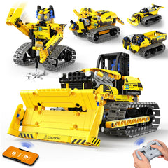 LECPOP 5-in-1 robot building kit showcasing bulldozer model for creative play.