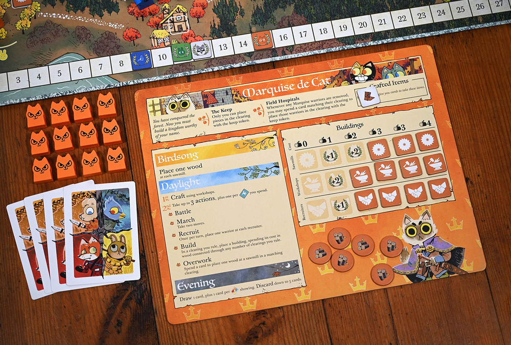 Wooden meeples and tokens enable tactile strategy and combat decisions.