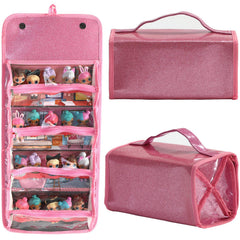 Leeche storage bag pink closed view showing organized toy storage on the go