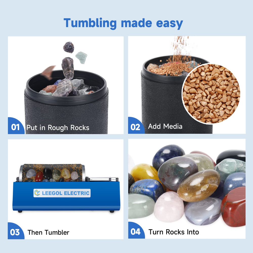 Leegol Electric rock tumbler packaging shows walnut media, belts, and manual for setup