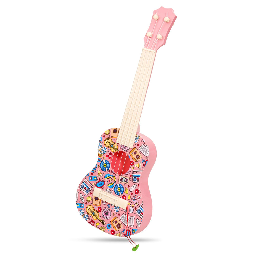 LeeQee 21in graffiti ukulele pink front view shows beginner-friendly design