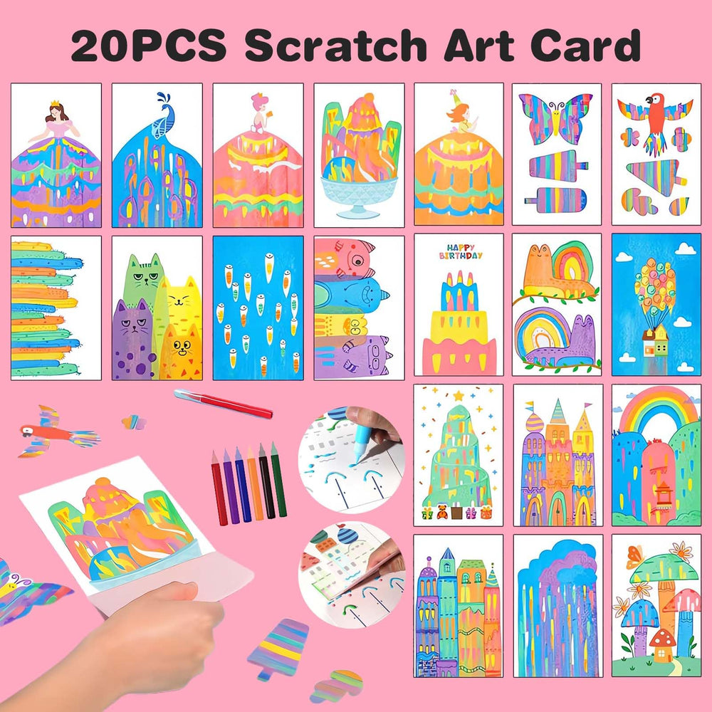 LEERYOUQU Squeegee Art Kit with stickers enhances detail and vibrancy of scratch art.