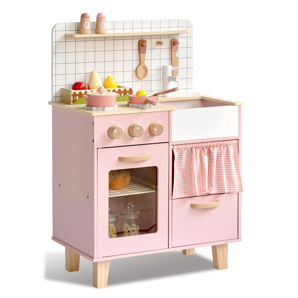 Leeshyah pink wooden play kitchen with stove top encouraging imaginative cooking play.