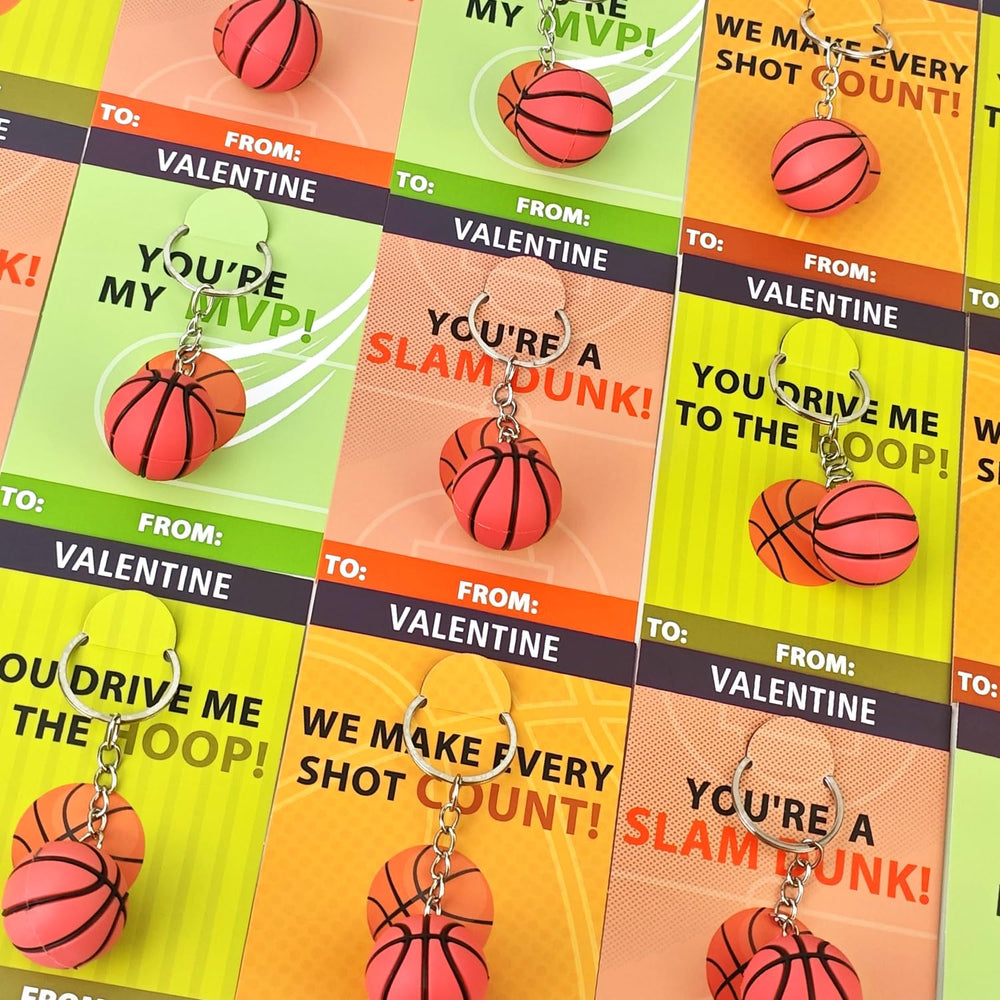Leetous basketball keychains with personalized exchange cards for classrooms.