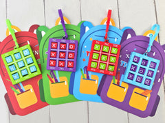 Leetous Valentines Tic Tac Toe keychains in four colors for backpacks, portable school fun.