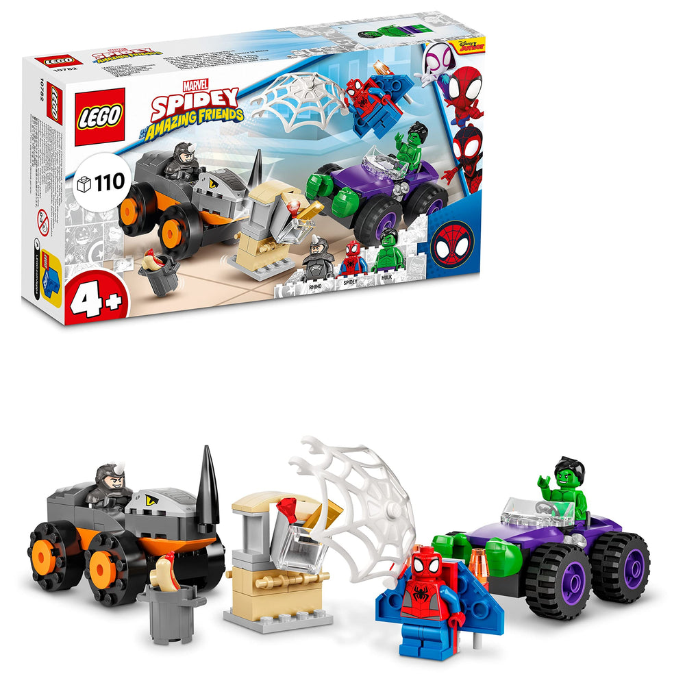 LEGO Hulk vs Rhino Monster Truck Duel image shows fast action for imaginative play