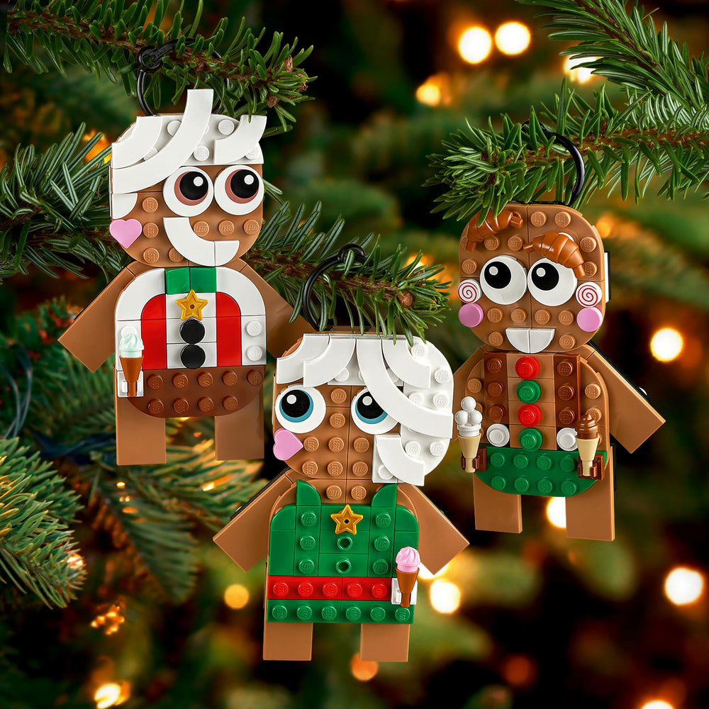 LEGO gingerbread figures displayed as cozy room decor and holiday photo prop