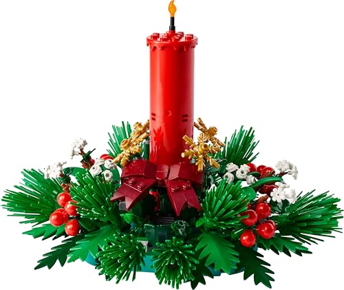 LEGO 40743 close-up of red candle centerpiece with green leaves for holiday charm