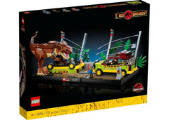 LEGO 76956 destroyed off-road scene with two explorers and a damaged vehicle