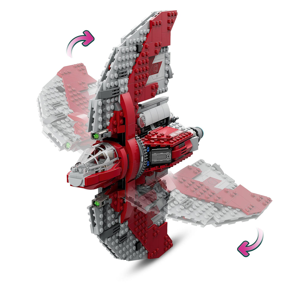 LEGO Ahsoka Tano's T-6 Jedi Shuttle storage compartments keep accessories organized.