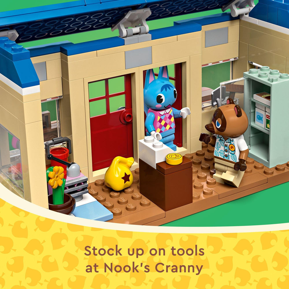 LEGO Animal Crossing Tom Nook minifigure enables fun item and bell trade scenes.