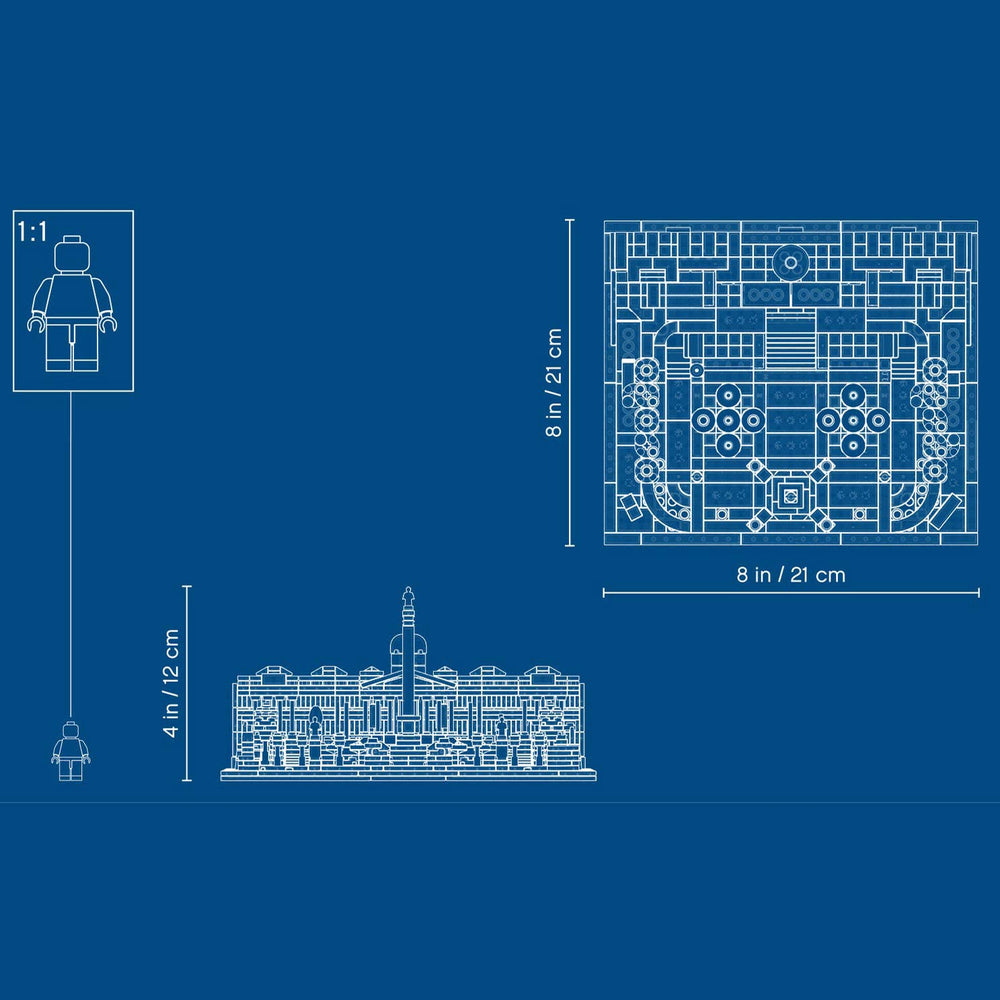 LEGO Architecture 21045 Trafalgar Square tree borders and lampposts for ambiance.