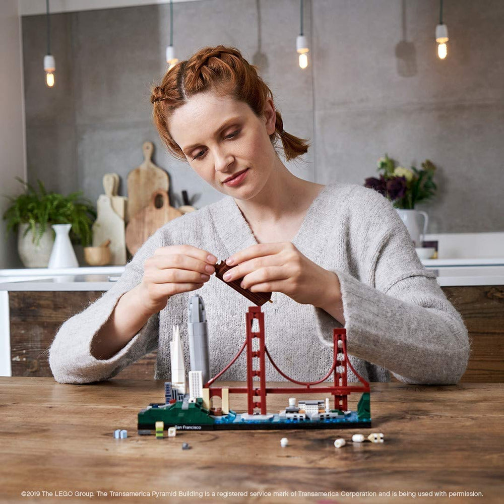 LEGO Architecture San Francisco Golden Gate Bridge scene with dramatic color for shelves