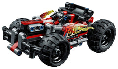 LEGO Technic BASH! 42073 rear spoiler highlights sporty stance and speed-inspired design.