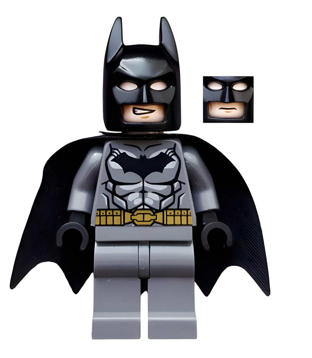LEGO Batman minifigure close-up highlighting dark gray suit and gold belt for display