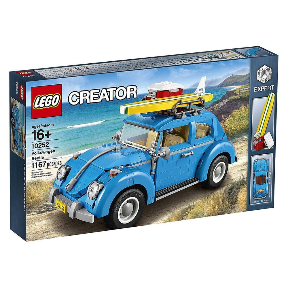 LEGO Beetle 10252 interior dashboard view highlights beige seats and steering wheel.