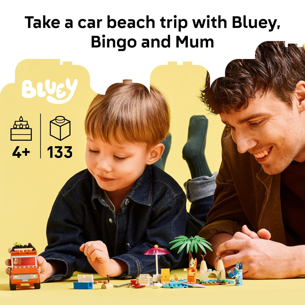 LEGO Bluey car interior with flip-open roof for easy minifigure access.