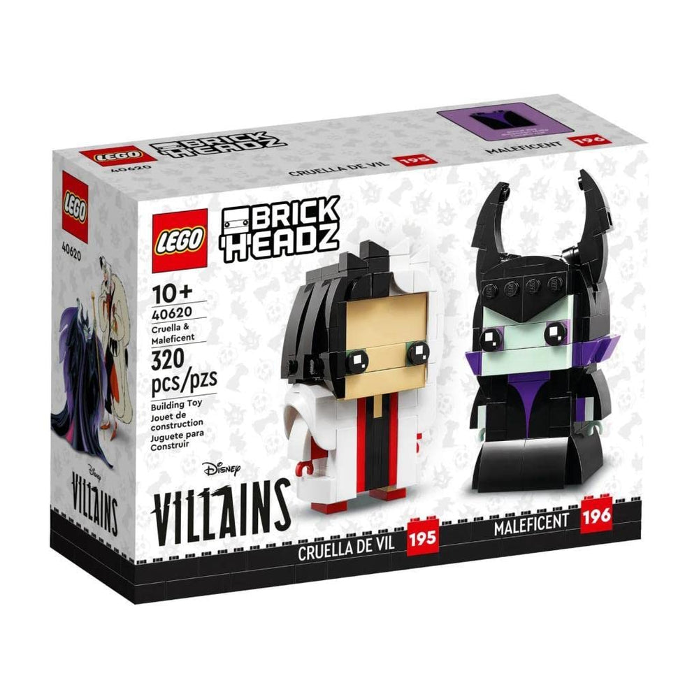 LEGO BrickHeadz Cruella De Vil display, collectible figure on a shelf.