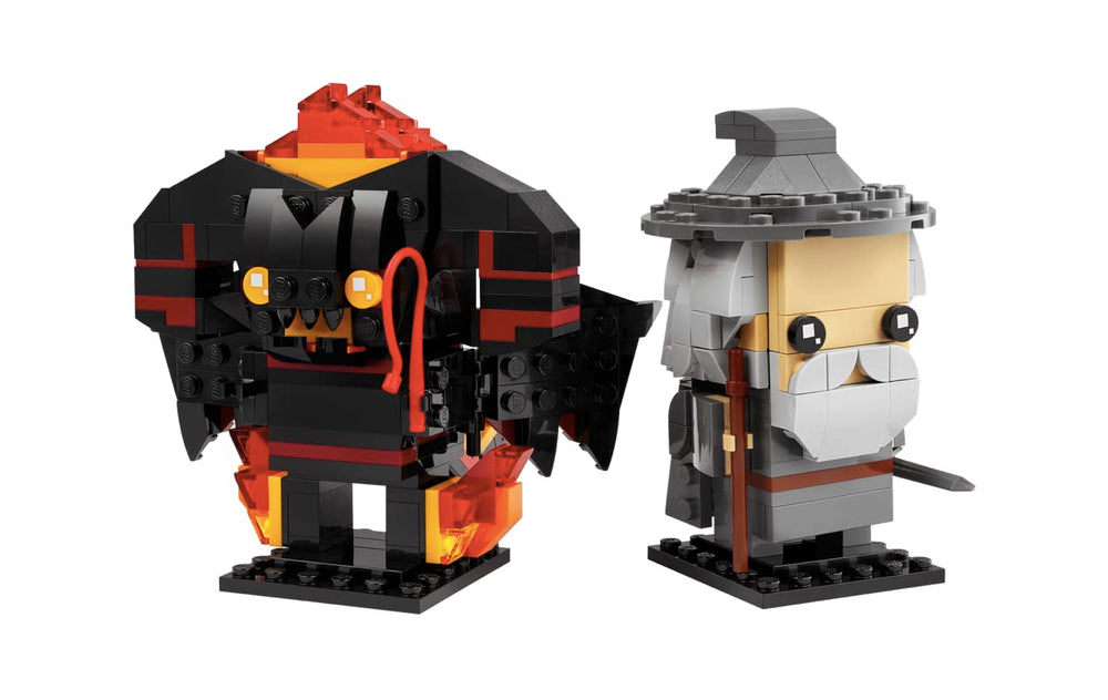 LEGO BrickHeadz Gandalf the Grey and Balrog on display panel for collectors.