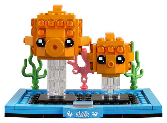 LEGO BrickHeadz Pets Goldfish on a decorative stand for display and collection.