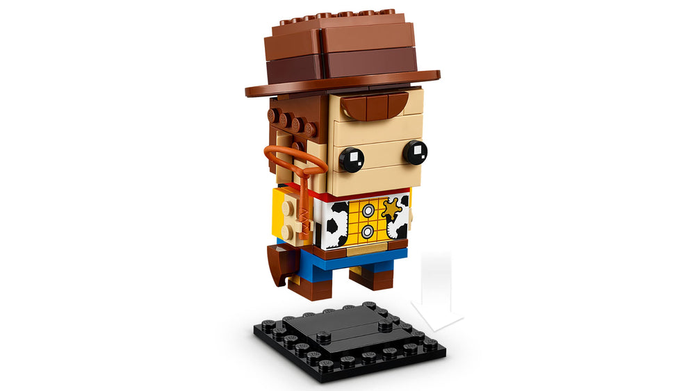 LEGO BrickHeadz Woody costume detail highlights iconic cowboy outfit.