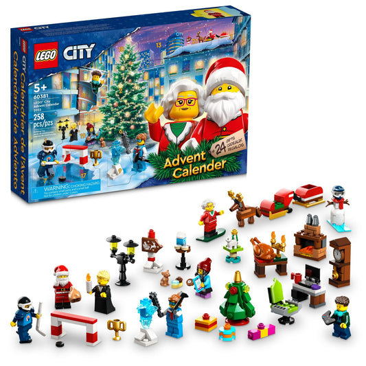 LEGO City 60381 Advent Calendar cover featuring festive minifigs to spark daily imaginative play