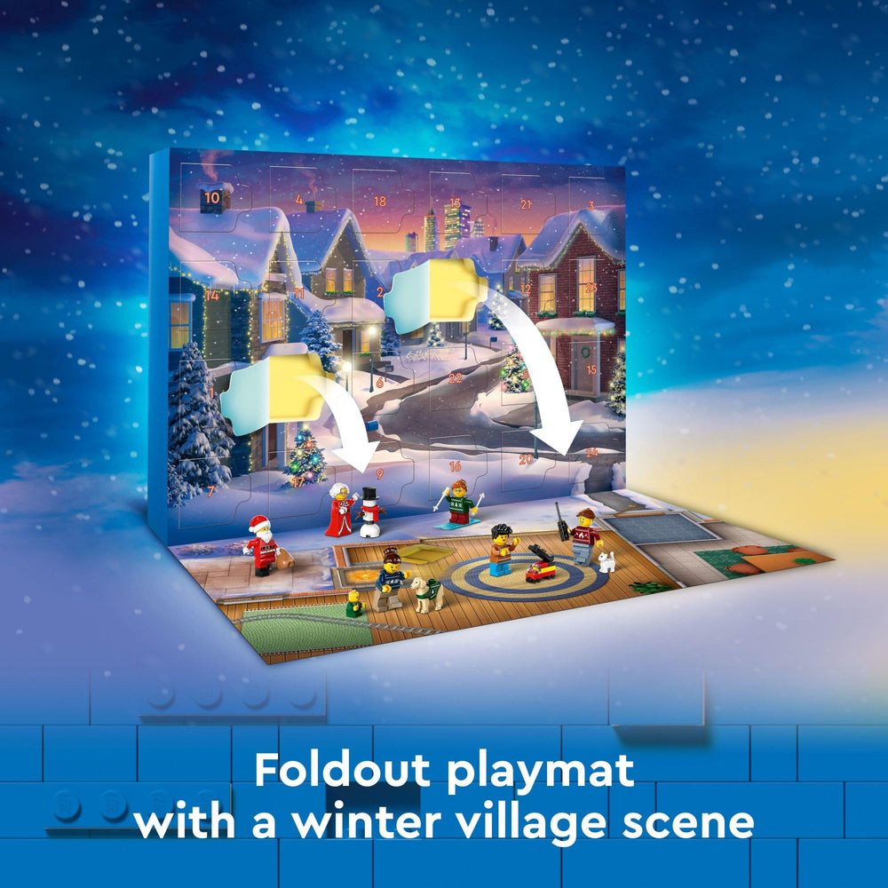 LEGO City Advent Calendar 2024 foldout playmat creates a snowy village scene