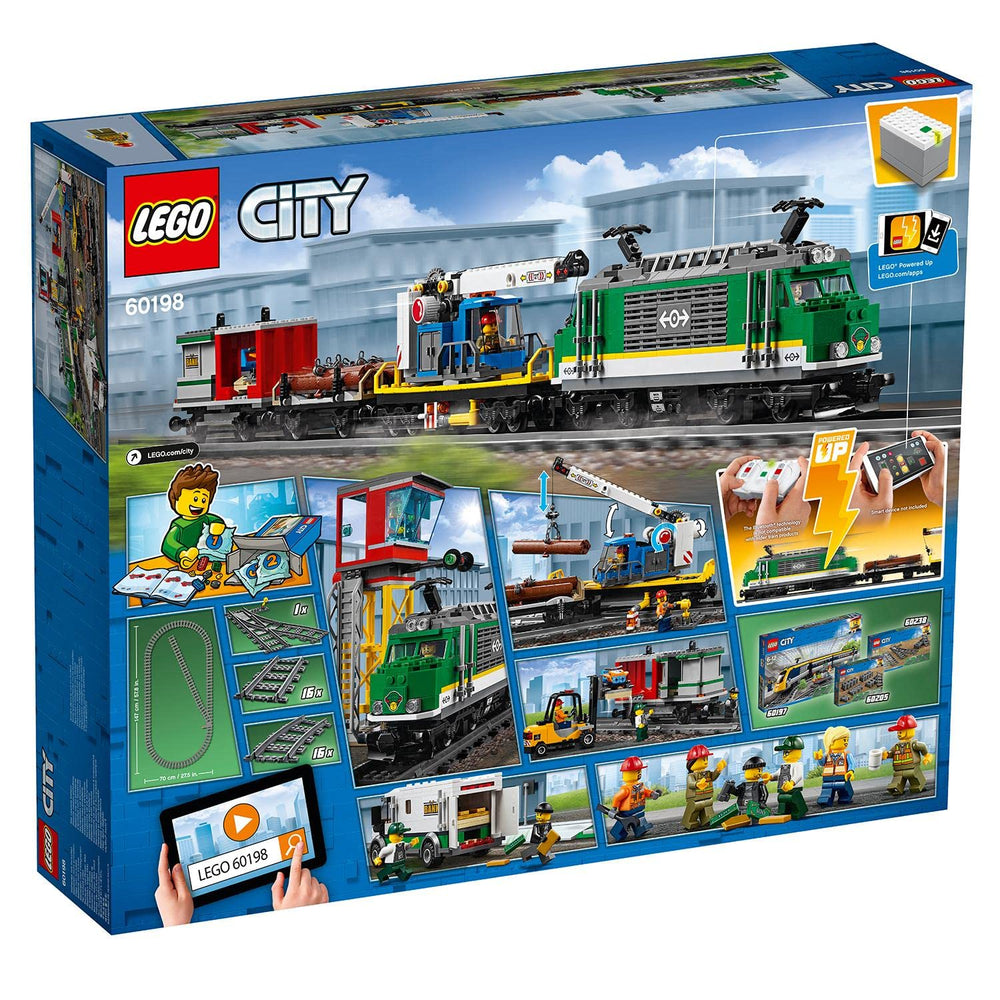 LEGO City Cargo Train pallets, logs, and snow scooter for varied play.