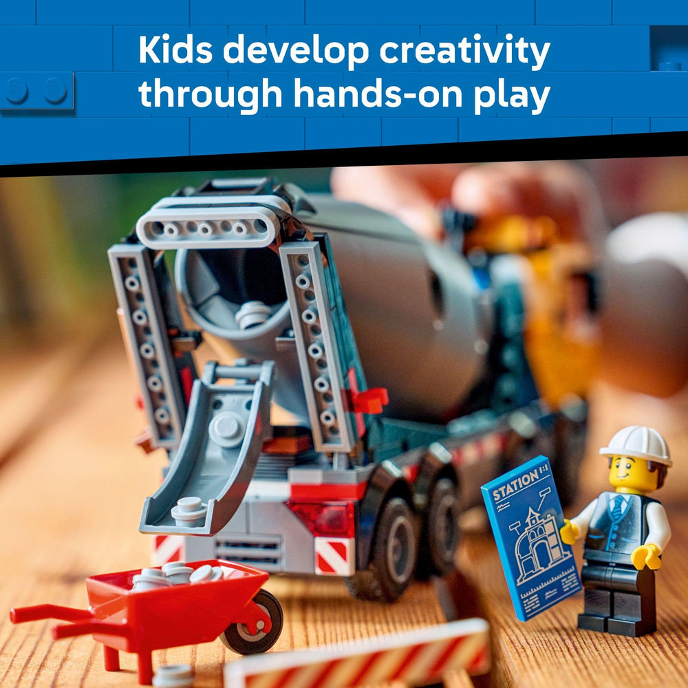 LEGO City Cement Mixer Truck adjustable chute helps pour cement in pretend sites