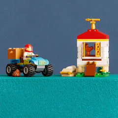 LEGO City chicken henhouse accessories and eggs for easy setup.