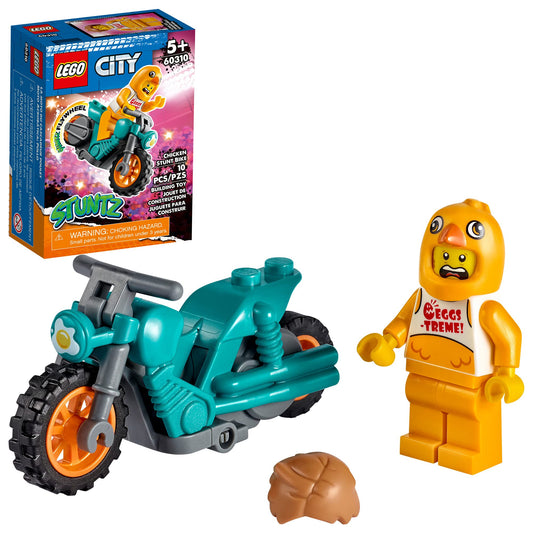 LEGO City Chicken Stunt Bike 60310 front view with flywheel motor for exciting stunts