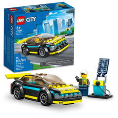 LEGO City Electric Sports Car 60383 front view with neon-yellow detailing for imaginative play.