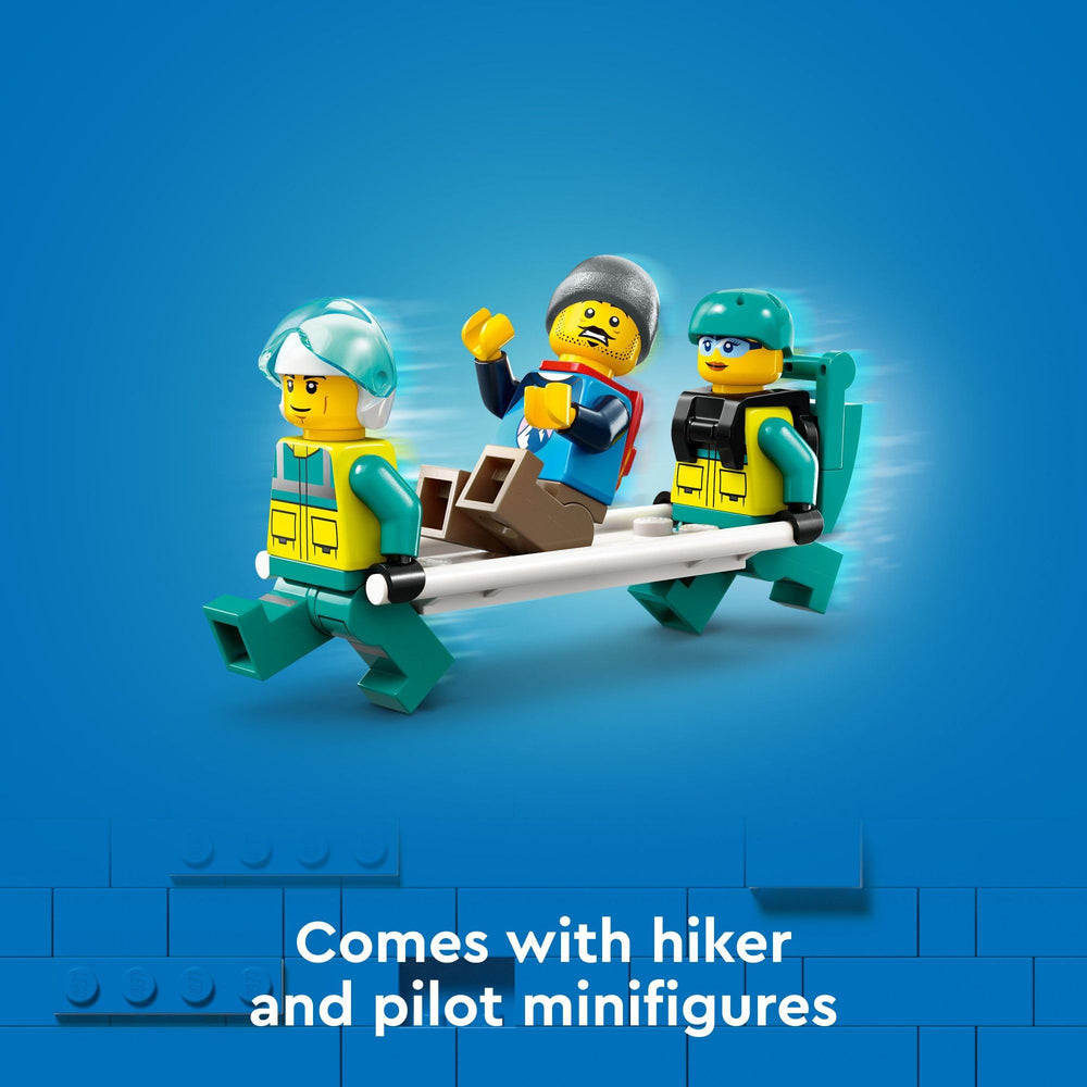LEGO City minifigs—pilot, hiker, rescuer—for engaging rescue role-play
