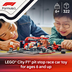 LEGO City F1 pit crew minifigures ready for tire changes and teamwork.
