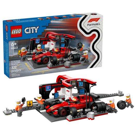 LEGO City F1 pit stop in action with Ferrari car, promoting fast-paced racing play.
