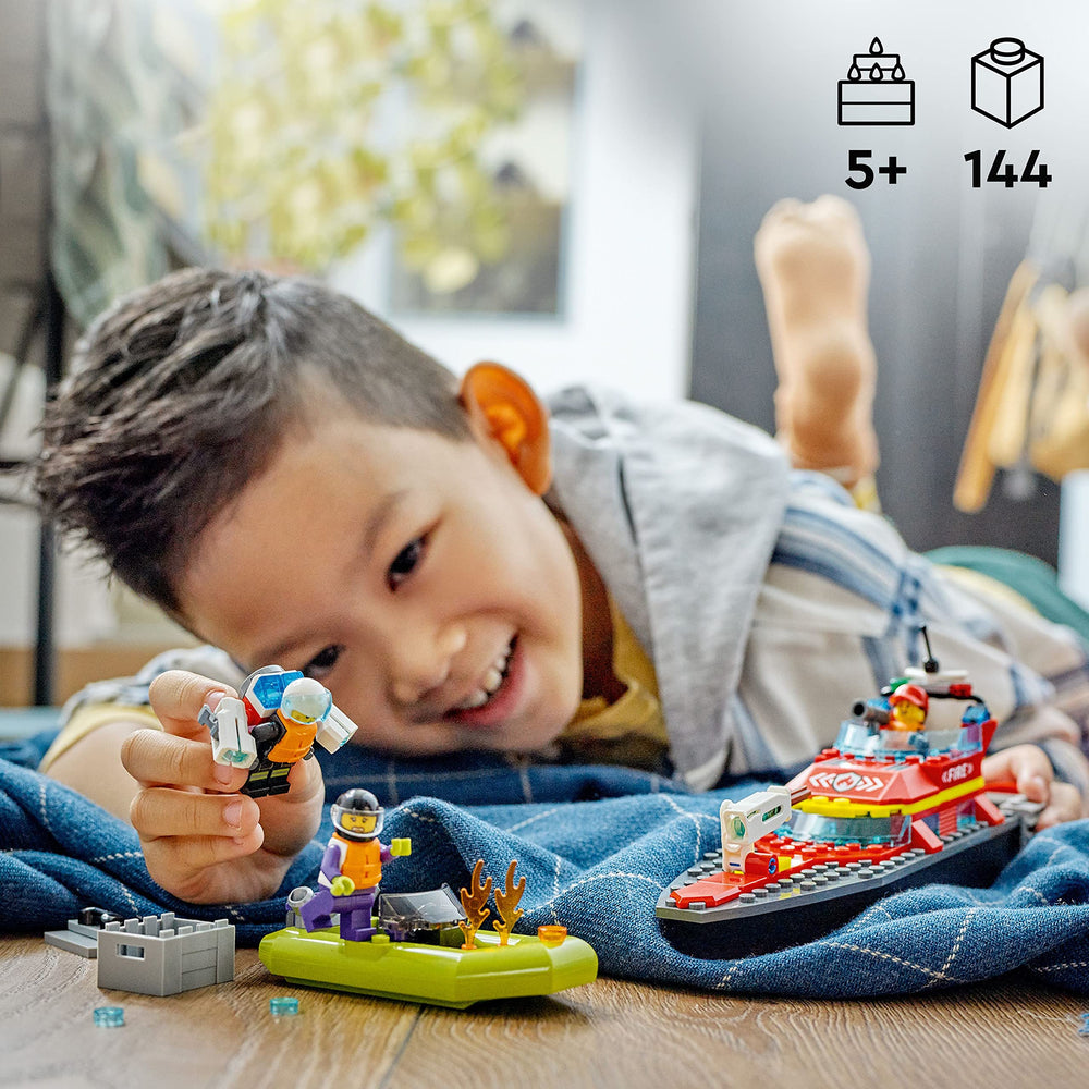 LEGO City Fire Rescue Boat speedboat dinghy for action-packed water missions.