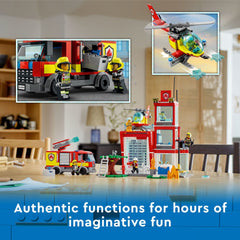 Garage and reception area of LEGO City Fire Station 60320 for role-play organization