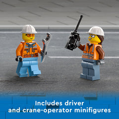 Includes driver and crane-operator minifigures for realistic scenarios.
