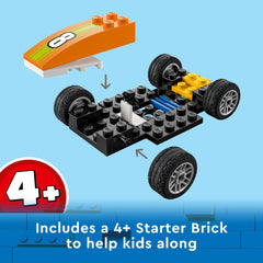 LEGO City pit-stop action scene with figures and car for dramatic play.