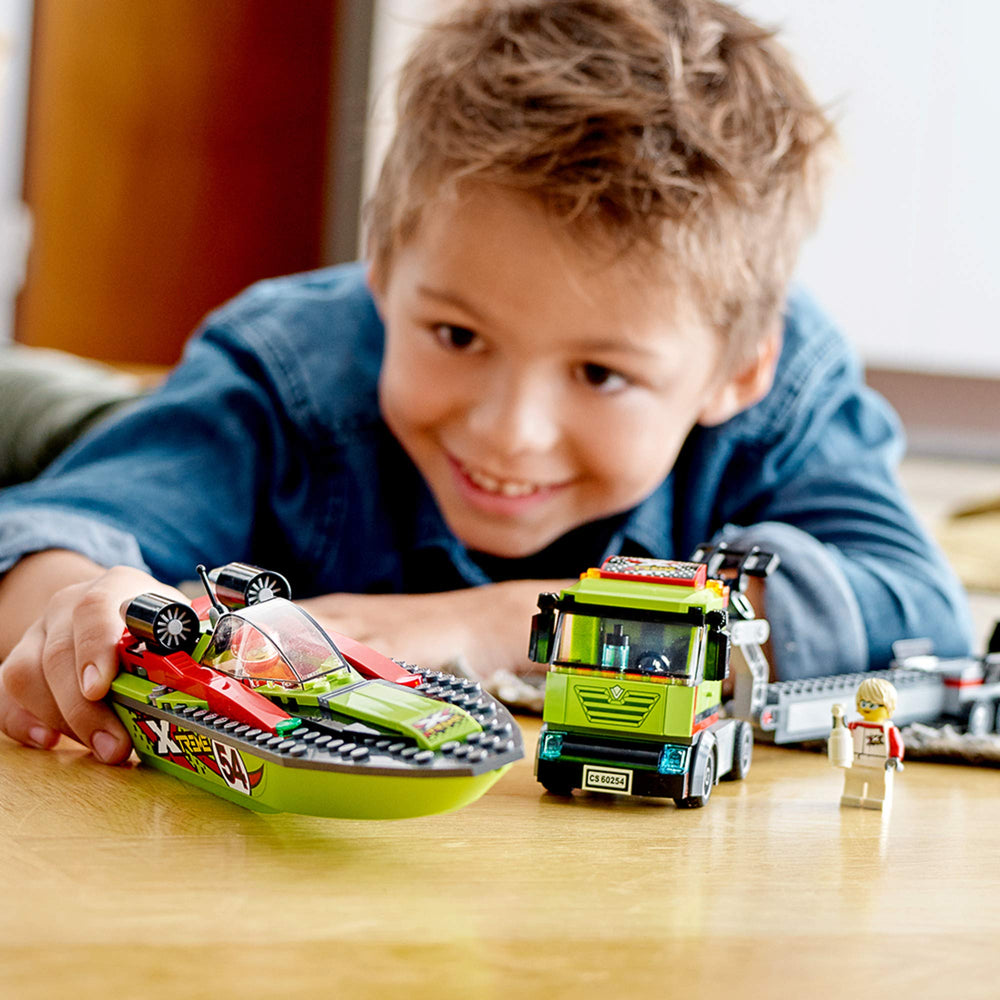 LEGO City Race Boat Transporter floating speed boat ready for water adventures.