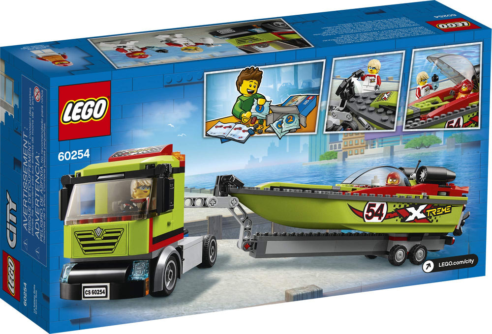 LEGO City Race Boat Transporter trailer with removable roof for accessible building.