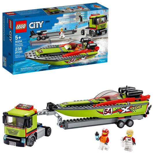 LEGO City Race Boat Transporter truck front view with cab doors open for play access.