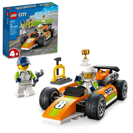 LEGO City Race Car 60322 shows a sleek F1-style car ideal for imaginative play.