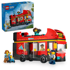 LEGO City red double-decker sightseeing bus front view for creative city scenarios
