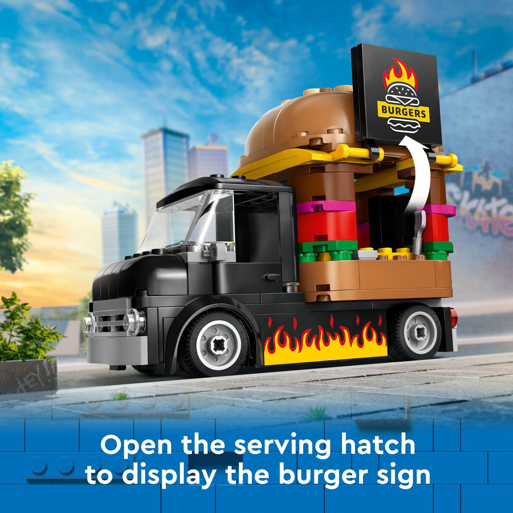 Service hatch and flame-grilled sign add drama to fast-food themed stories.