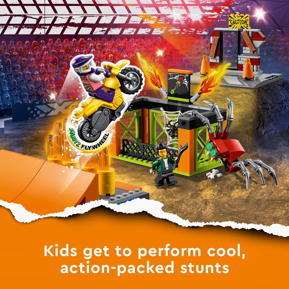 LEGO City Stunt Park obstacles and spider cage add challenge and imaginative obstacle courses.